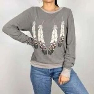 Wild Fox Gray Feather Graphic Print Oversized Pullover Sweatshirt Size XS